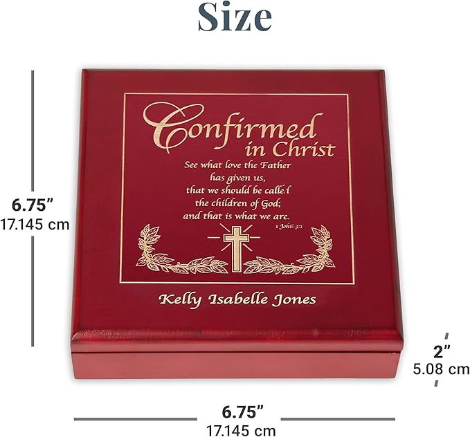 Let's Make Memories Personalized Confirmation Keepsake Box - Scripture - Sacrament - Religious Keepsake - Natural Wood - Cherry Finish - Inspirational Verse - 6.75”Lx6.75”W