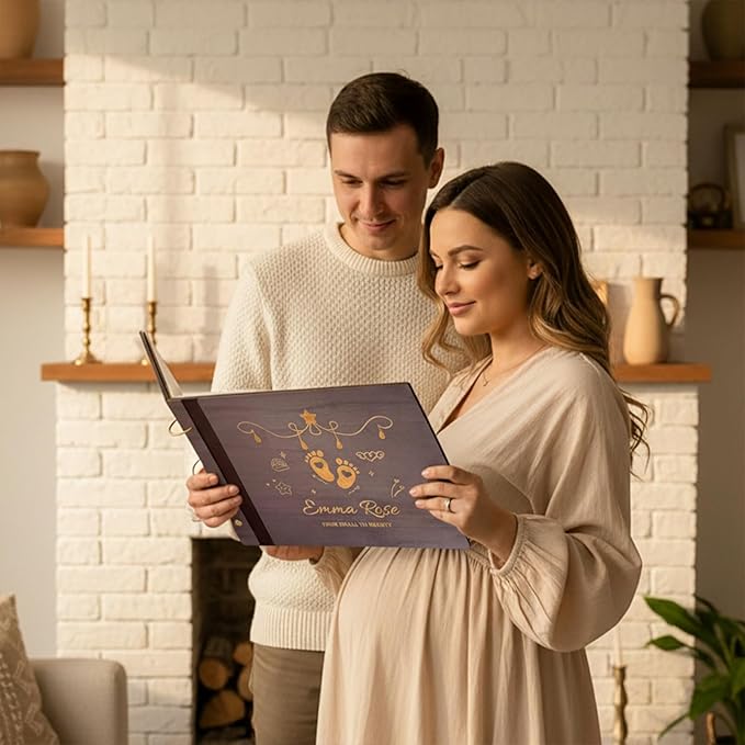Personalized Baby Photo Album - Wooden Baby Memory Book - Custom Name Baby Scrapbook,Baby Album and Memory Book - Unique Newborn Baby Gift for New Parents