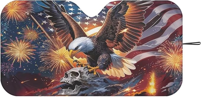 4th of July Windshield Sun Shade Foldable Universal US Flag Eagle Car Windshield Sunshade Reflective Sun Visor Blocks for UV and Heat Sun Visor Protector Accessories for Cars Truck SUV