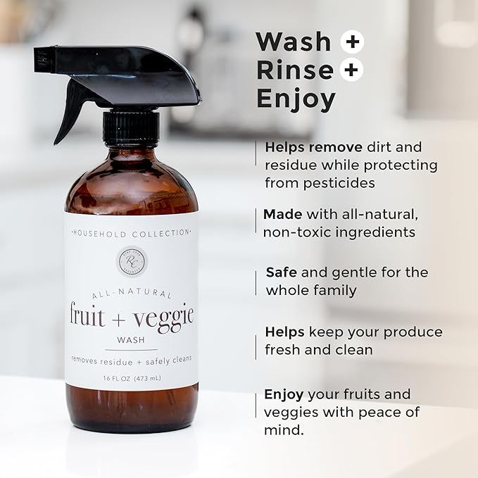 Rowe Casa Organics Fruit & Veggie Wash with Therapeutic Grade Essential Oils – Natural Fruit & Vegetable Wash Spray to Clean from Dirt & Residues – 16 Fl. Oz. Bottle