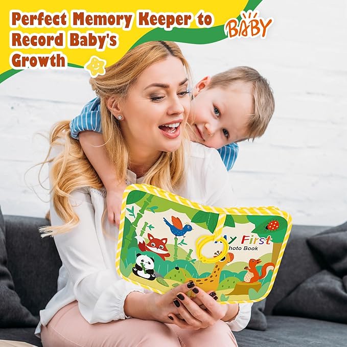 Lanpn My First Baby Photo Album Holds 17 4x6 Pictures, Soft Cloth Family Photo Book with Name Card Name Tag Stickers, Fabric Kid Memory Keepsake Gift for Baby Shower Newborn Toddler Boy Girl (Animal)