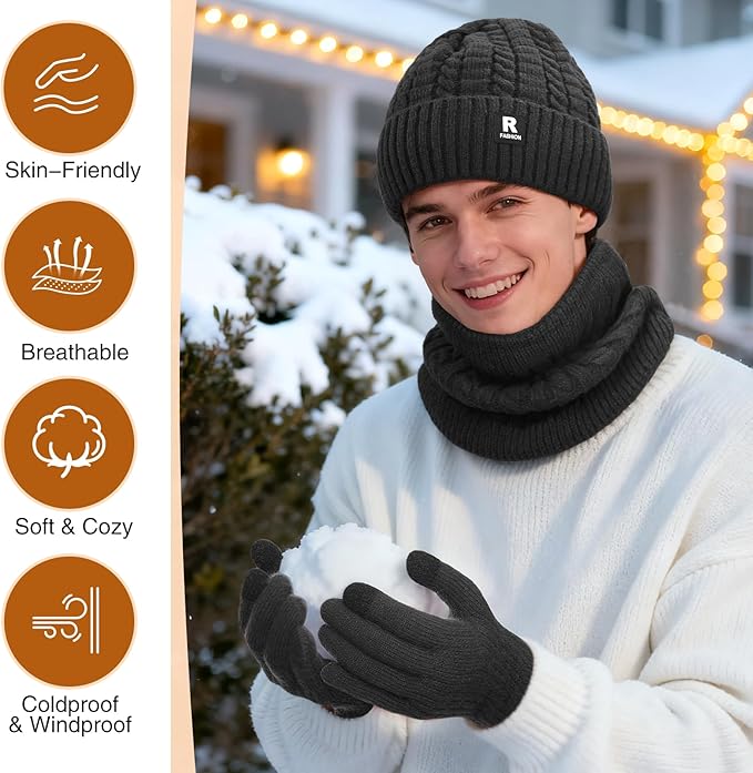 Winter Beanie Hat Scarf Gloves Set for Men Women, Slouchy Mens Winter Clothes Hats Neck Warmer Touchscreen Gloves