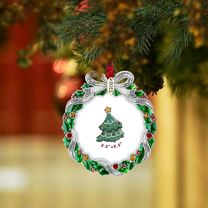 Christmas Tree Ornament Picture Frame Metal Hanging Pendant Holiday 2.5" Photo Frame Charm Decorative of Pets, Baby First Christmas, Family (2025 Christmas Wreath)
