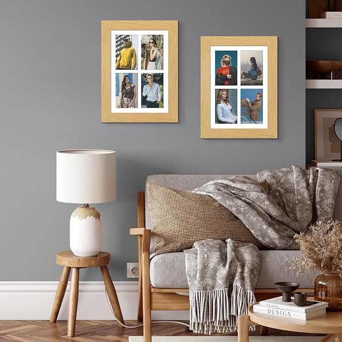 9x13 Picture Frame Display 4 opening 4X6 Picture Frame Collage,Multi Photo Frame with Mat,Plexiglass,Wall or Tabletop Decor,Natural Wood Grain
