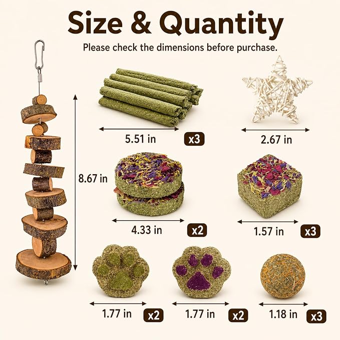 Grddaef Rabbit Toys, Guinea Pig Toys 17Pcs Natural Timothy Hay Bunny Chews and Treats for Hamster Chinchilla Gerbil
