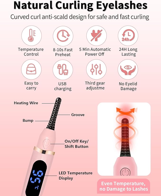 Heated Eyelash Curlers - Eye Lash Curler Heat - Mini Electric Eyelash Curler with LED Display 3 Temp Settings USB Rechargeable Natural Curling 24H Long Lasting for Women Makeup Tools Gifts