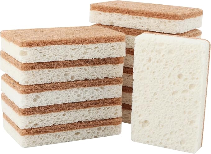 12pcs Natural Sponges for Dishes, Biodegradable Compostable Cellulose and Coconut Scrubber Sponge, Non-Scratch Reusable Cleaning Sponge for Removing Dirt and Oil in The Kitchen(Brown+White)