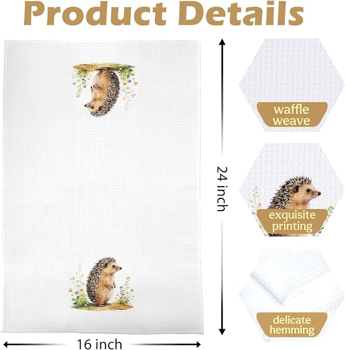Hedgehog Gifts Kitchen Towels - Cute Wild Animal Botanical Decorative Waffle Dish Towels, Hedgehog Gifts for Women Hand Towel, Farmhouse Floral Tea Towe, 16x24 Inch