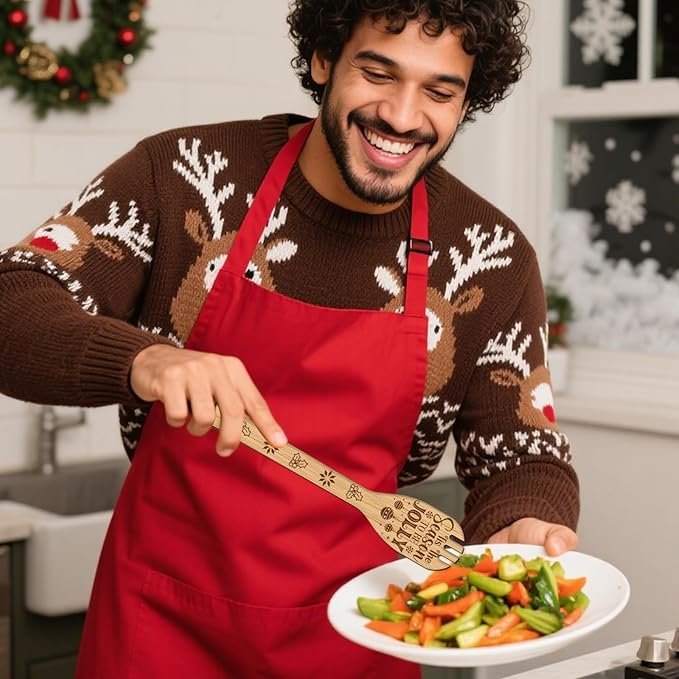 CUTHOLLOW 6PCS Christmas Greeting Wooden Kitchen Cooking Utensil Set, 11.9in Non Toxic Bamboo Wood Spoon Set for Cooking, Best Housewarming Birthday Thanksgiving Christmas Gift for Women Mother
