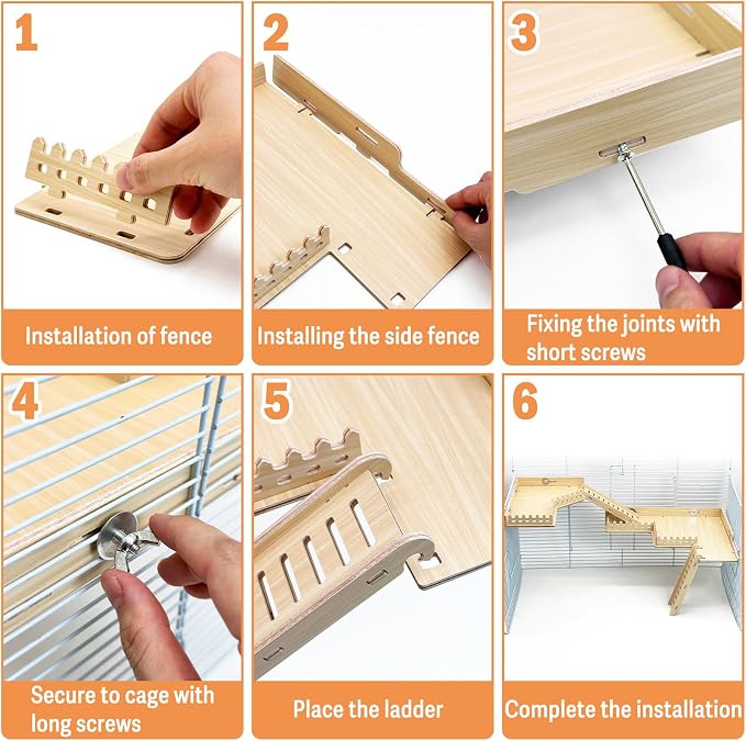 Fhiny 2-Tier Hanging Gerbil Climbing Platform with Ladder & Fence, Wooden Platform for Cage, Hamster Activity Playground Habitat Decor, Cage Accessories for Dwarf Hamster Gerbil Mice Rat Mouse