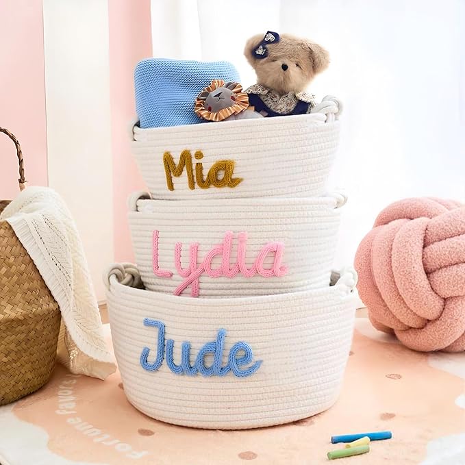 Personalized Baby Shower Basket with Name - Custom Christmas Gift Basket, Newborn Gift Box, Toy Box,Diaper Caddy, Baby Shower Gifts, Cotton Rope Basket,Boo Basket,Dog Toy Basket