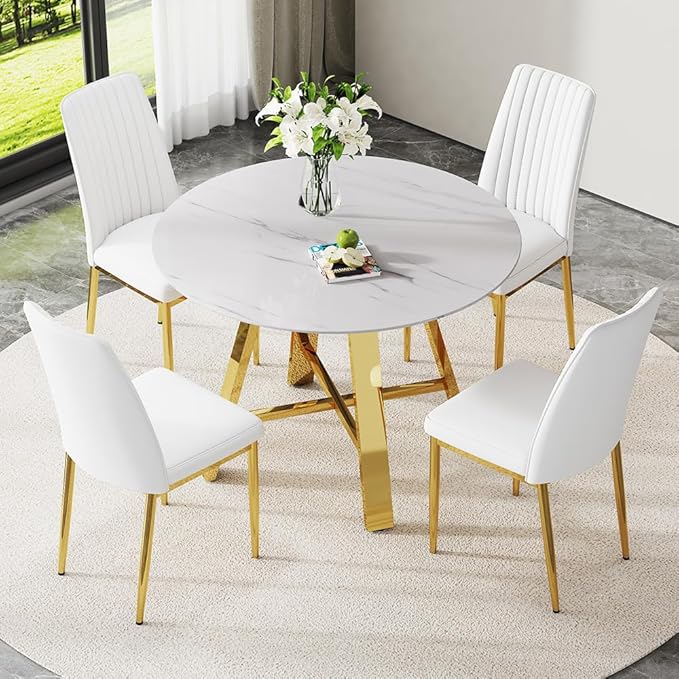 Round Dining Table Set for 4, Modern Kitchen Dining Table Chairs Set for 4, 42" Faux Marble Dining Room Table Set & 4 PU Leather Chairs for Kitchen Living Office Cafe Small Space