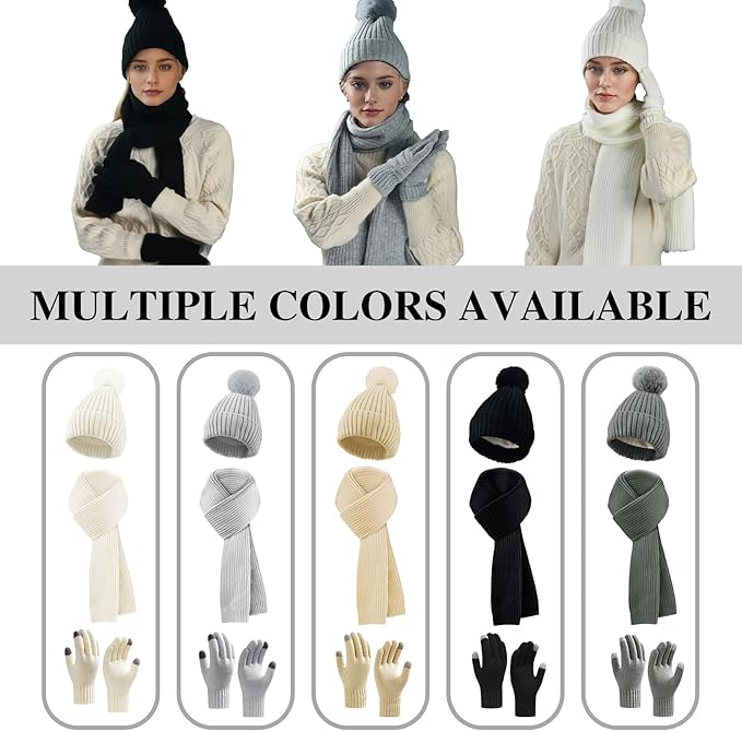 Winter Beanie Hat Scarf Gloves Set for Women, Fleece Knit Pompom Beanie Neck Warmer Long Scarf Touchscreen Gloves 3 in 1 Set