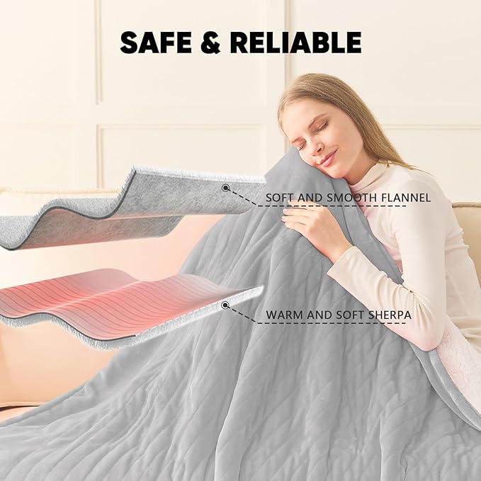 greenoak Heated Blanket Electric Queen Size 84"X90" Dual Control, Heating Blanket with 10 Heat Levels 1/2/4/6/8 Hours Auto-Off, Soft Sherpa Warm Blanket, Dove Grey