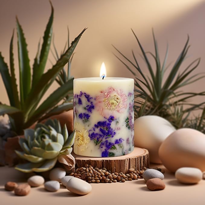 VIONAMI Botanical Scented Pillar Candle - Tropical Rare Flower Fragrance Candles Gifts for Women, Gift Ready - Decorative Natural Soy Scented Candles with Dried Flowers for Home (Forget Me)