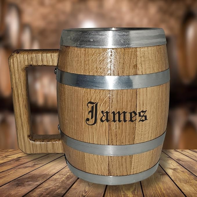 Personalized Oak Wood Barrel Beer Mug Tankard with Stainless Steel Interior - Classic Design - A Gift for Beer Lovers, Man Caves, Birthdays, and Special Occasions