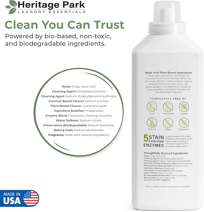 Heritage Park Luxury Laundry Detergent | Dermatologist Tested Plant based Natural & Enzyme Laundry Detergent | Sensitive Skin Friendly - Lavender Mist (32 fl oz)