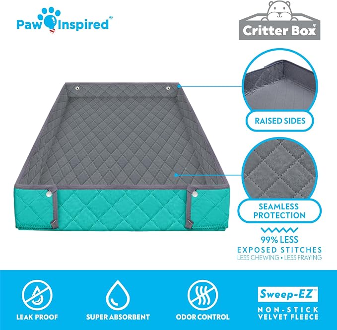 Paw Inspired Reversible Critter Box, C&C 2x4 (12-Inch Grids), Gray/Green | Washable Fleece Cage Liner, Raised Sides, Bedding for Guinea Pigs Rabbits, Hamsters, Small Animals, Edge Protected Pee Pads