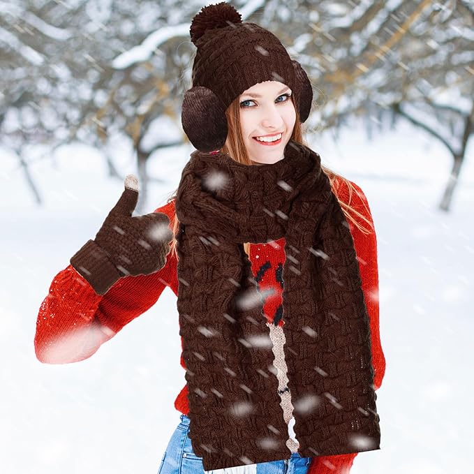 JenPen 4 Pcs Winter Hat Scarf and Gloves Set for Women Include Ear Cover Cold Weather Scarf Hat Knit Beanie Gloves