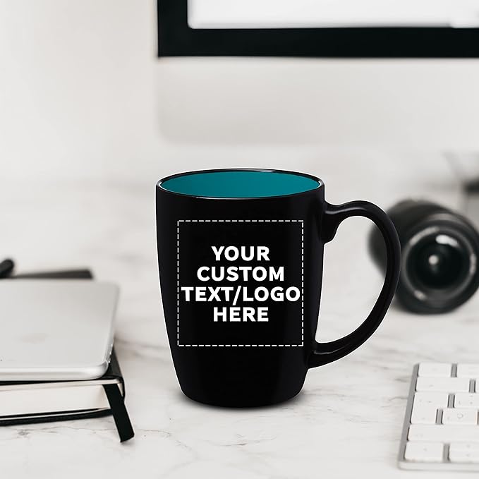 DISCOUNT PROMOS 10 Java Two Tone Coffee Mugs Set, 12 oz. - Customizable Text, Logo - Stoneware, Durable, Easy Grip - BLACKTEAL