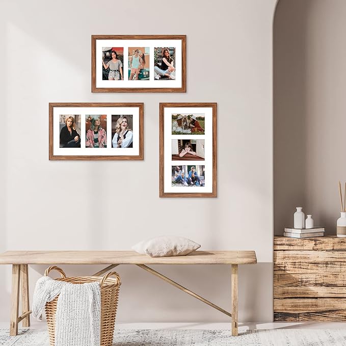 8x14 Collage frame with 3 Openings 4X6 Pictures, Multiple Picture Frame with Mat, Wall or Tabletop Decor, Carbonized Brown Wood Grain (1 Pack)