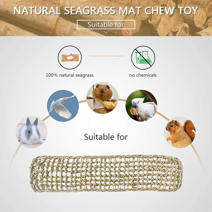 Bird Seagrass Mat 39.4×7" Long Natural Macaw Woven Net Hammock Hanging on Parrot Cage with Hooks Climbing Ladder Swing Chew Toys for Cockatoo Large Parrot Supplies