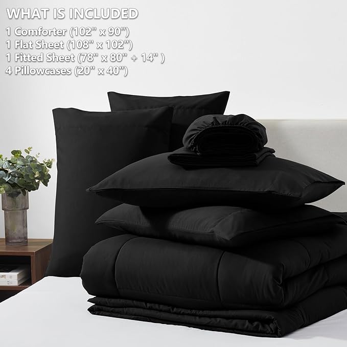 CozyLux King Size Comforter Set Black, 7 Pieces Bed in a Bag, Black Comforter King Size, All Season Bedding Sets with Stitch Quilted Comforter, Flat Sheet, Fitted Sheet, Pillowcases