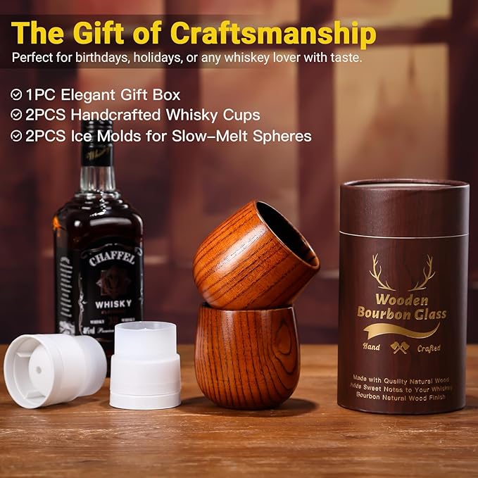 2PCS Charred Wooden Whiskey Glass – Handcrafted Solid Wood Tumbler for Men | Unique Whiskey Gifts | Natural Grain, Flame-Finished Bourbon Glass,Fathers Gifts For Dad,Him,Husband