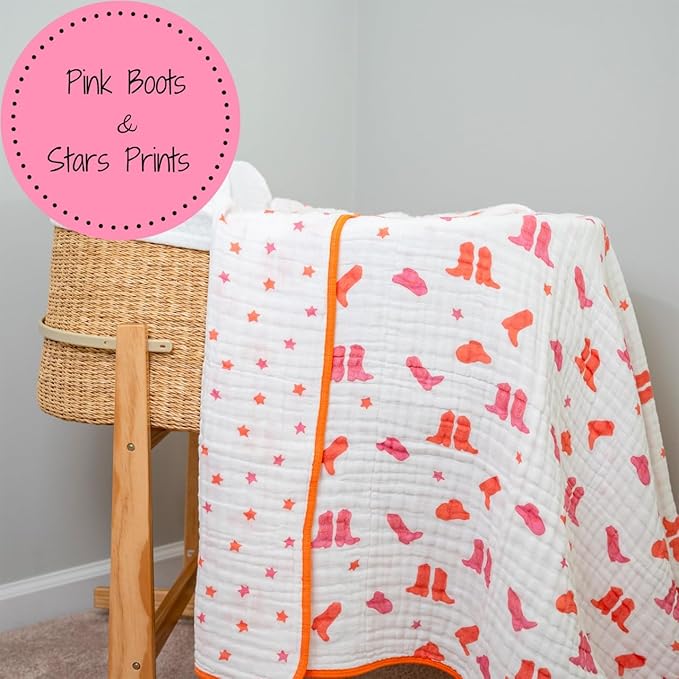 LollyBanks Muslin Baby Blanket 100% Organic Cotton, Muslin Quilt Lightweight, Western Girl Muslin Blanket, 6 Layers Baby Blankets 47"x 47", Soft Nursery Receiving Blankets (Pink Boot)