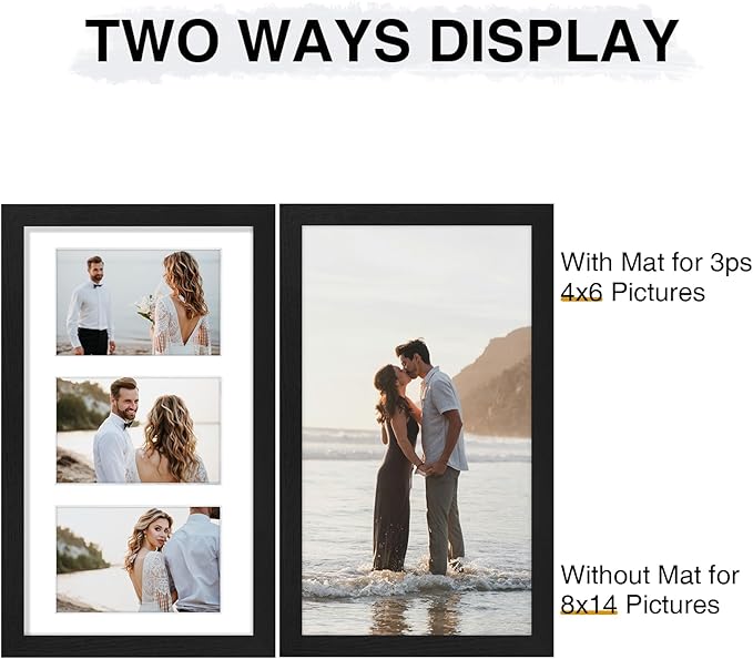 Vittanly 8x14 Picture Frames Collage Wall Decor, Displays 3Pcs 4x6 Pictures with Mat or 1Pcs 8x14 without Mat, Collage Picture Frame for Horizontal or Vertical Display, Black, 1 Pack