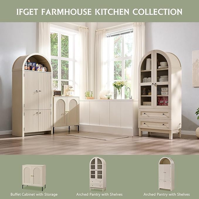 IFGET 71" Tall Arched Kitchen Pantry Cabinet, Wood Kitchens Storage Cabinets with 2 Large Drawers and Adjustable Shelves, Modern Farmhouse Versatile Cupboard for Kitchen, Dining Room, Bathroom, Cream