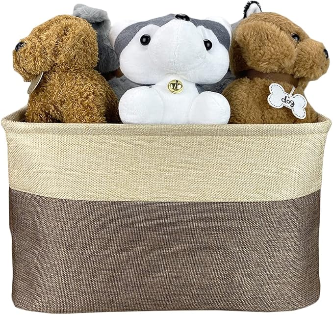 Custom Dog Cat Toys Storage Basket Bin with Name Sturdy Foldable Collapsible Cat Storage Bin with Handles for Organizing Pet Stuffs, Toys, Clothes,( Brown and White), 15" x 9.8" x 9"