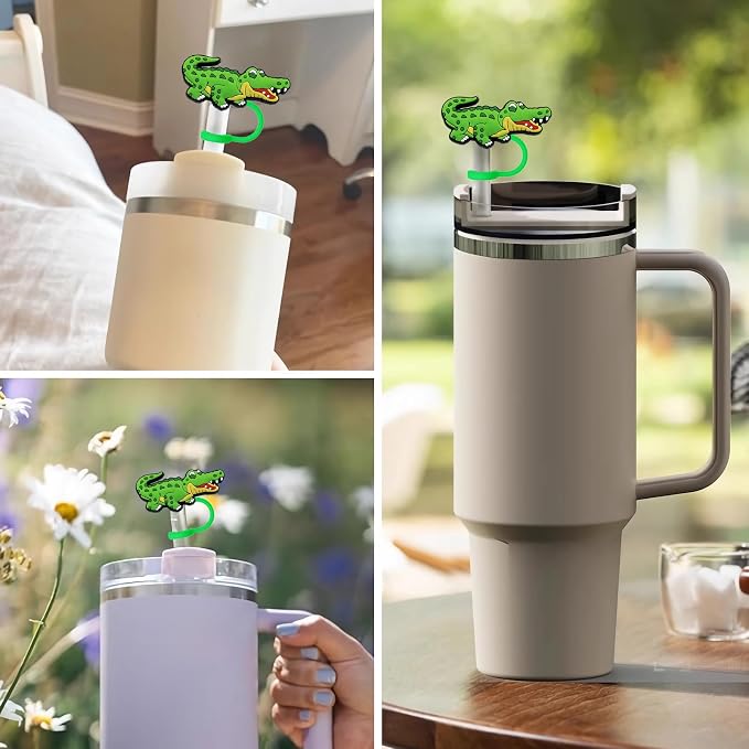 Animal Straw Toppers For Stanley Cups;Straw Covers Cap Toppers Compatible With Stanley 30&40 Oz Tumbler, Reusable & Silicone Tumbler Straws Topper For 0.4 Inch Tips Animal Lover Gifts (Alligator)