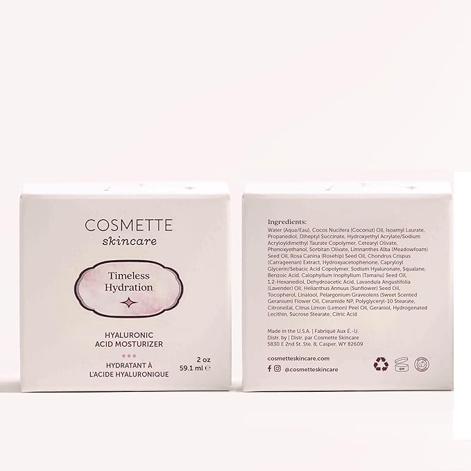 Cosmette Timeless Hydration - Anti Aging Hyaluronic Acid Face Moisturizer with Squalane, Ceramides, Vitamins C & E, Rosehip & Tamanu Oil - Vegan, Natural Skin Care for Clean Beauty, 2 Fl Oz