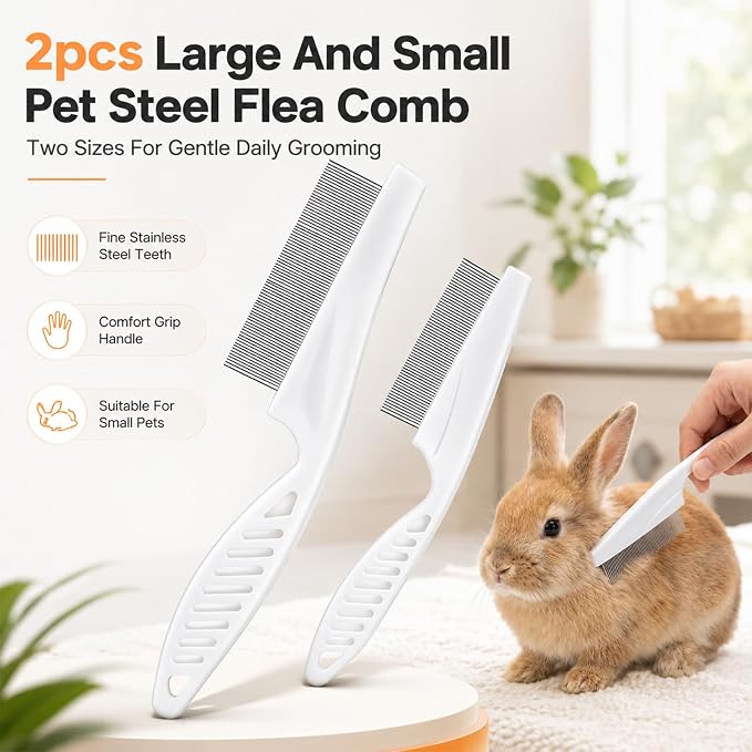 2Pcs Flea Combs, Fine Tooth Rabbit Brush Stainless Steel Bunny Brush | Rounded Teeth, for Grooming, Guinea Pigs, Cats, Dogs, Chinchillas, Ferrets and Rabbits