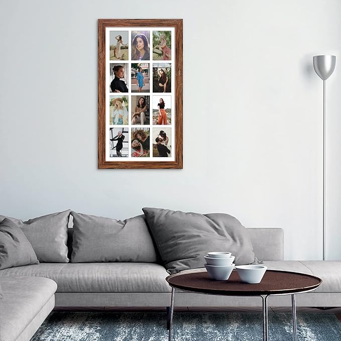 13x25 Picture Frame Display 12 opening 4X6 Picture Frame Collage,Multi Photo Frame with Mat,Plexiglass,Wall Mount Decor,Carbonized Brown Wood Grain
