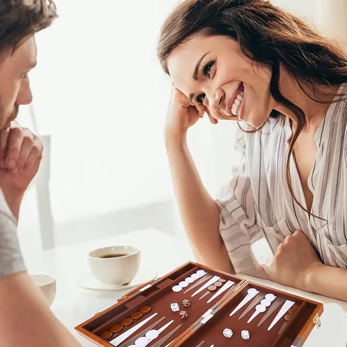 Backgammon Set - Classic Board Game with Premium Leather Case - Portable Travel Strategy Backgammon Game Set for Adults, Kids - Suitable as (15inch, Brown)