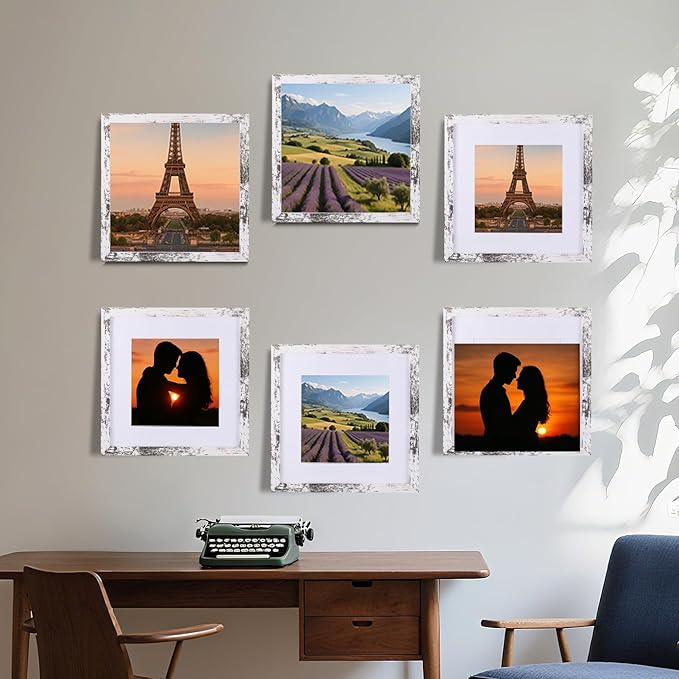 3 Pcs 12x12 Rustic White Wood Picture Frame - Display Pictures 8x8 with Mat or 12 x 12 without Mat - Distressed White Wooden Photo Frames for Wall Mounting 12 12 Matted to 8x8 Farmhouse Set of 3