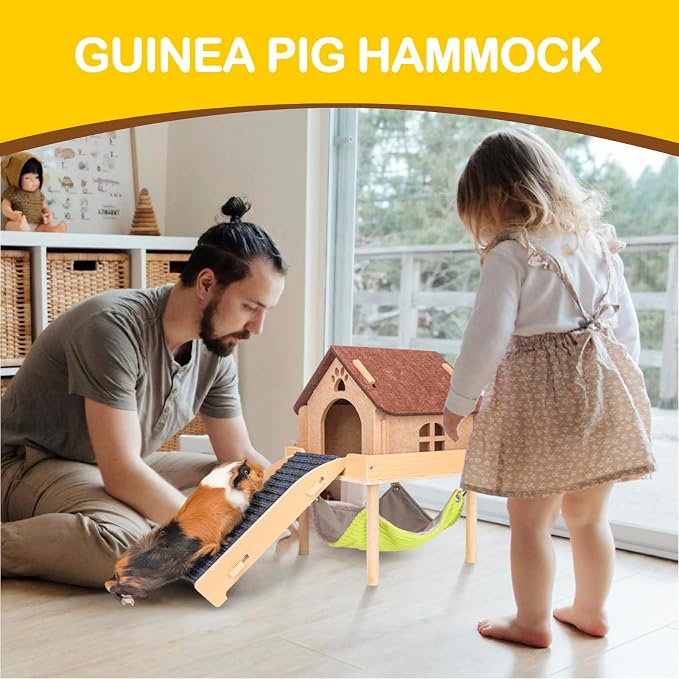 BESNEW Enlarged Guinea Pig Hammock,Bunny Ferret Hamster Small Animal Hammock for Hiding Sleeping,Wooden Guinea Pig Hammock Accessories