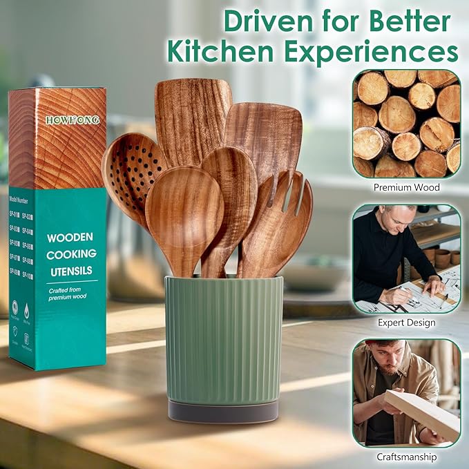 Wooden Spoons for Cooking, 6-Piece Natural Teak Wood Cooking Utensils Set – Wooden Kitchen Utensils Set with Smooth Finish Comfort Grip, Nonstick Safe Non-Toxic Wooden Cooking Tools by HOWHONG