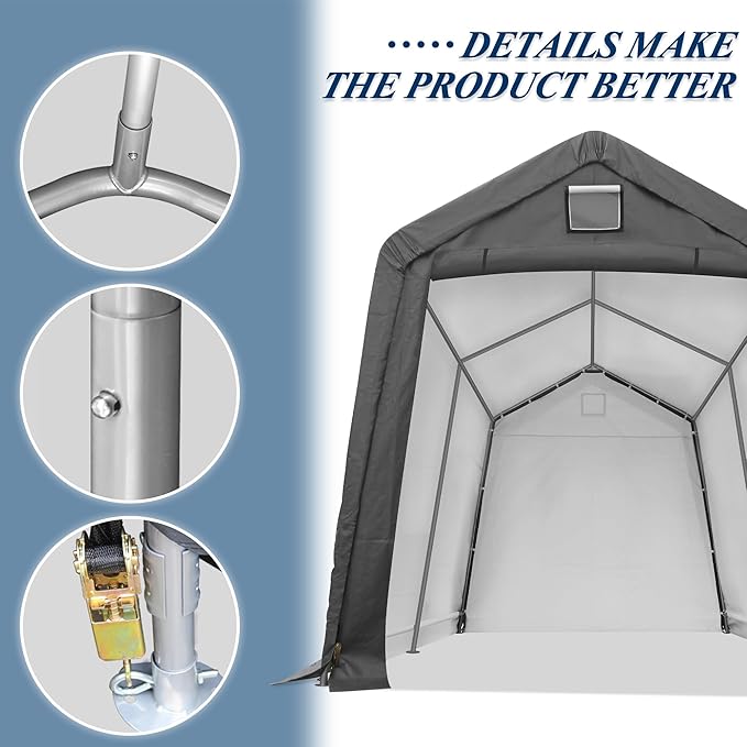 COVERONICS 7' x 12' Outdoor Storage Shed - Heavy Duty Portable Shelter Carport with Ventilation Windows and Roll-up Doors, Storage Shelter Tent for Motorcycle, Bike, Lawnmower and Garden Tools, Grey