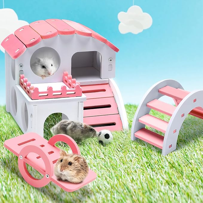Skylety 3 Pieces Fun Hamster Guinea Pig Hideout Kit, Small, Pink | Include PVC Hamster House, Rainbow Bridge, Seesaw DIY Exercise Playhouse for Rats Mouse Small Animals