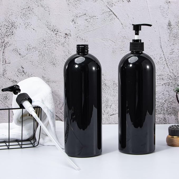 Yebeauty Pump Bottle Dispenser, 33.8oz 1000ml Empty Plastic Shampoo and Conditioner Dispenser, Refillable Shower Soap Dispenser Pump Bottle Containers for Bathroom Kitchen Home, 2 Pack Black