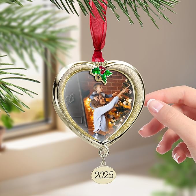 Christmas Tree Ornament Picture Frame Metal Hanging Pendant Holiday 2.5" Photo Frame Charm Decorative of Pets, Baby First Christmas, Family (2025 Golden)