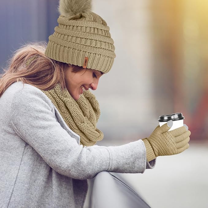 Aneco Womens Winter Warm Sets Knitted Fur Pompoms Beanie Hat Circle Loop Scarf Touch Screen Gloves Winter Favor Accessories