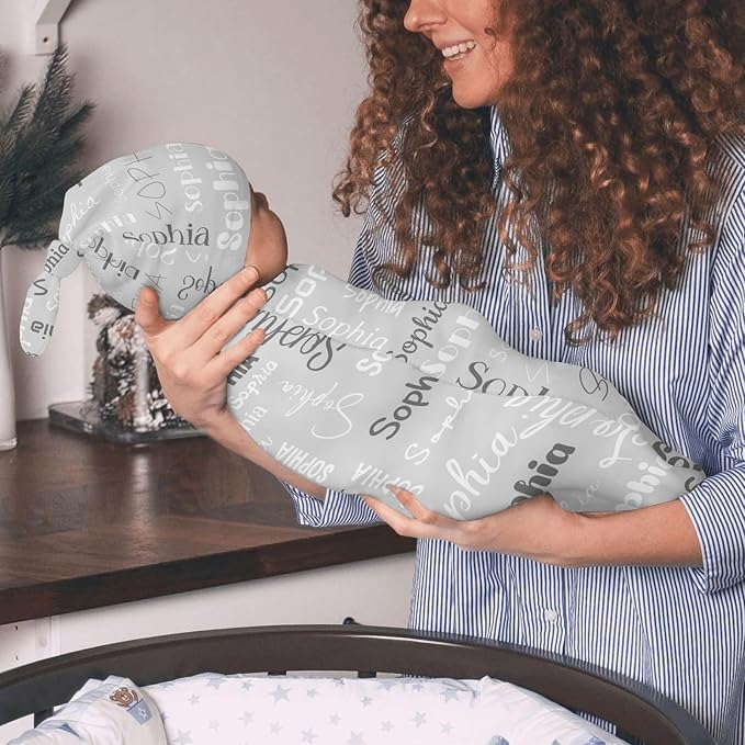 Personalized Baby Swaddle Blanket for Boys Girls Name Lettering Grey Custom Name Receiving Soft Blanket with Cap for Newborn Girls and Boys Soft Sleeping Sack