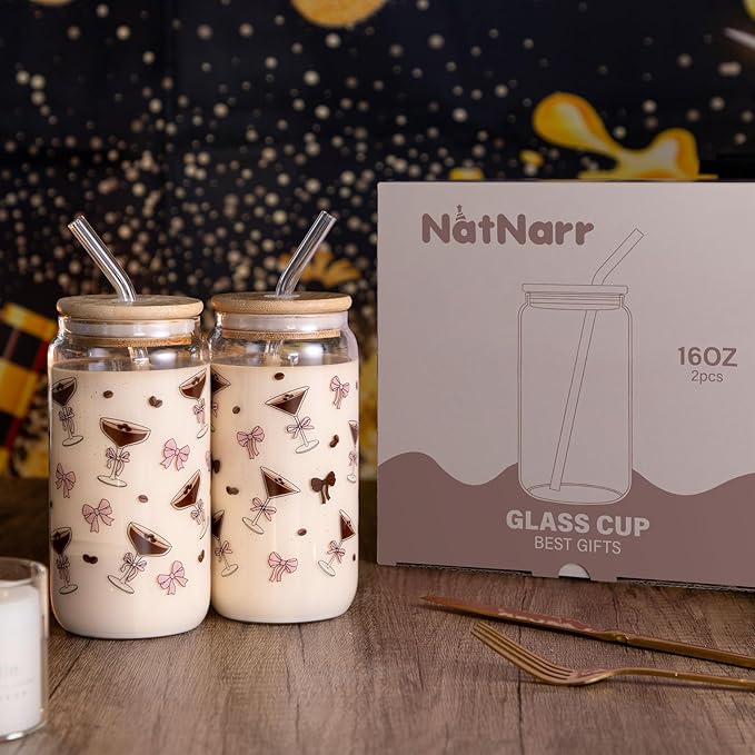 NatNarr 2 Pcs Espresso Martini Gifts, 16 oz Insulated Martini Glass with Lids Brush and Straws Reusable Iced Coffee Cup for Wedding Engagement Bachelorette Christmas Party Stocking Stuffers for Adult