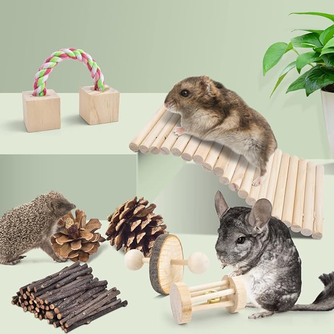 ERKOON Safe 12 Pack Hamster Chew Toys Gerbil Rat Guinea Pig Chinchilla Chewing Toys Cage Accessories, Natural Wooden Dumbbell Exercise Bell Roller Teeth Care Molar Toy for Rabbits Bird Small Animals
