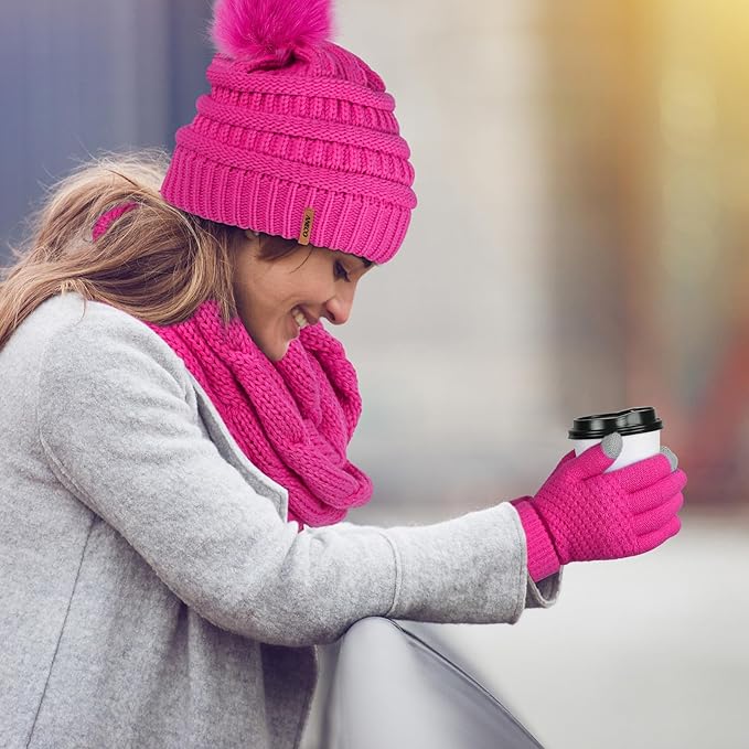 Aneco Womens Winter Warm Sets Knitted Fur Pompoms Beanie Hat Circle Loop Scarf Touch Screen Gloves Winter Favor Accessories