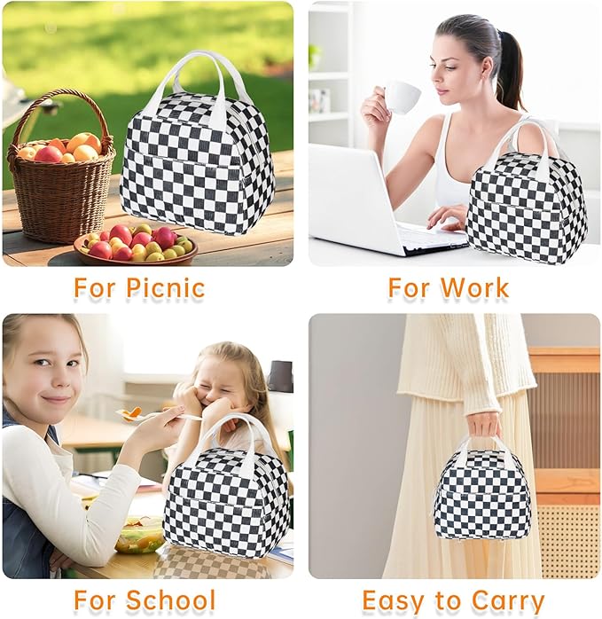 Lunch Bag for Women Men - Reusable Insulated Lunch Box with Handle, Leakproof Checkered Design for Office, School, Picnic